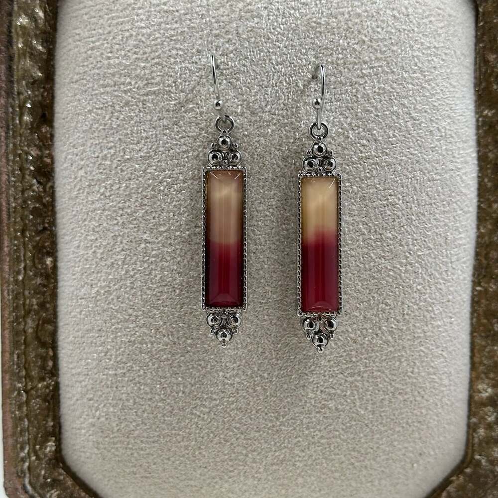 Silver-Tone Red & Beige Ombre Rectangular Dangle Earrings